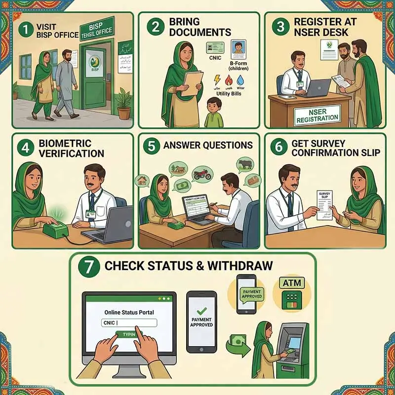 BISP 7-step guide showing how to visit Tehsil office with CNIC and B-Form, register at NSER desk, complete biometric and socioeconomic survey, get confirmation, check BISP eligibility status online, and withdraw payment.