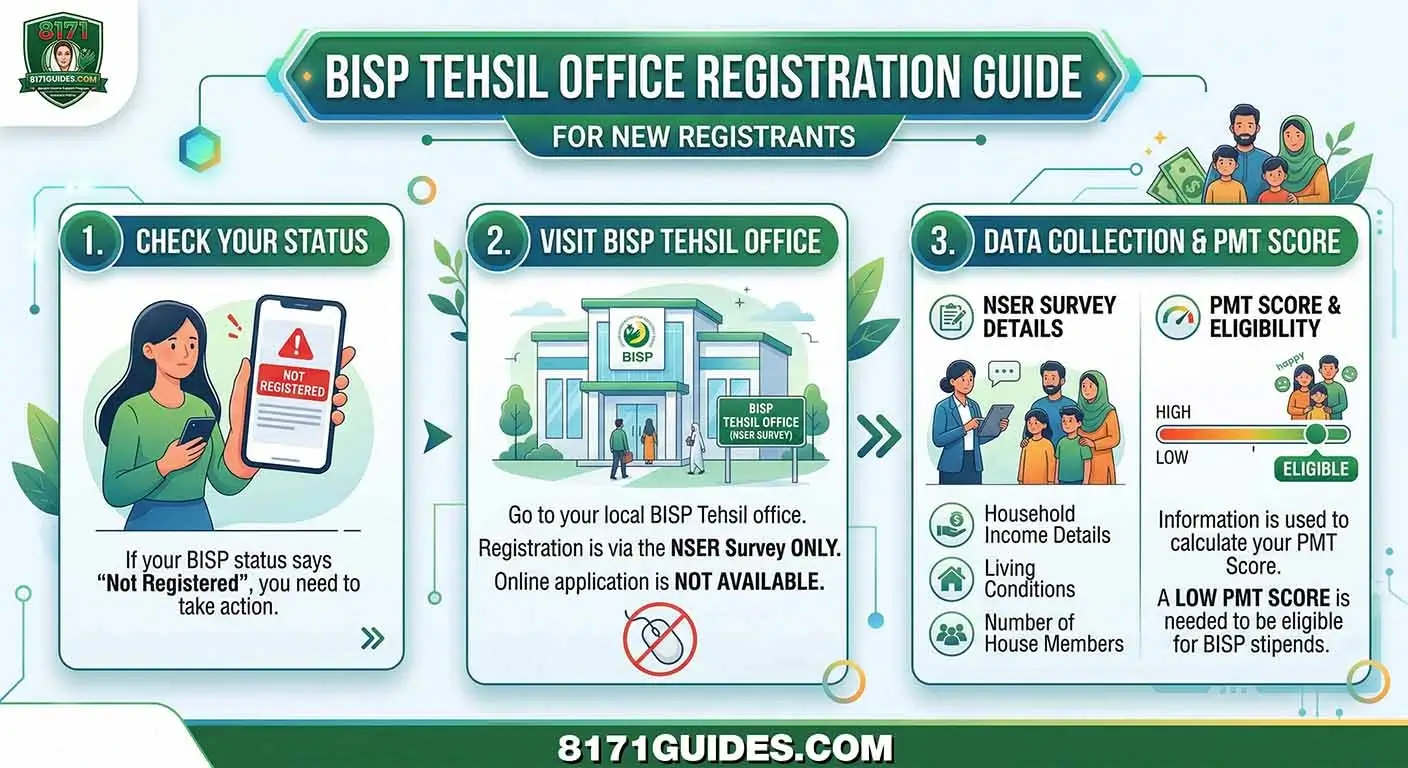 BISP 8171 registration at Tehsil or Zonal Office in Pakistan with required documents and NSER survey completion