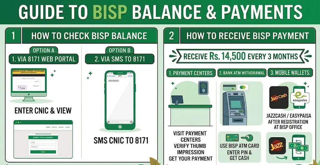 Check BISP 8171 balance via SMS and web portal, withdraw payments using ATMs, digital wallets and BISP centers in Pakistan