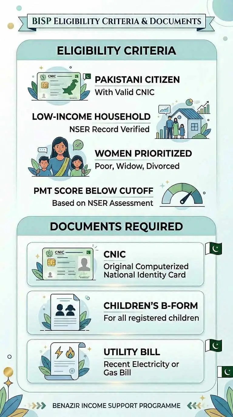 BISP 8171 eligibility criteria 2026 with PMT score check, low income requirements and NSER verification in Pakistan
