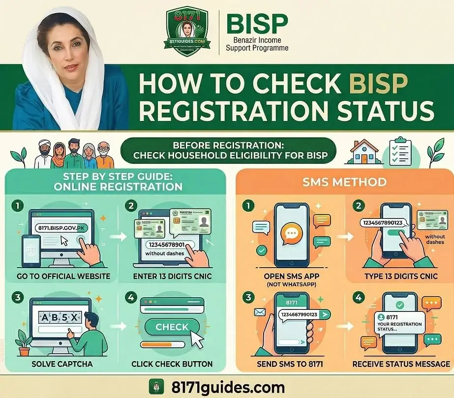 BISP 8171 eligibility check online using CNIC via 8171 web portal or 8171 SMS service in Pakistan