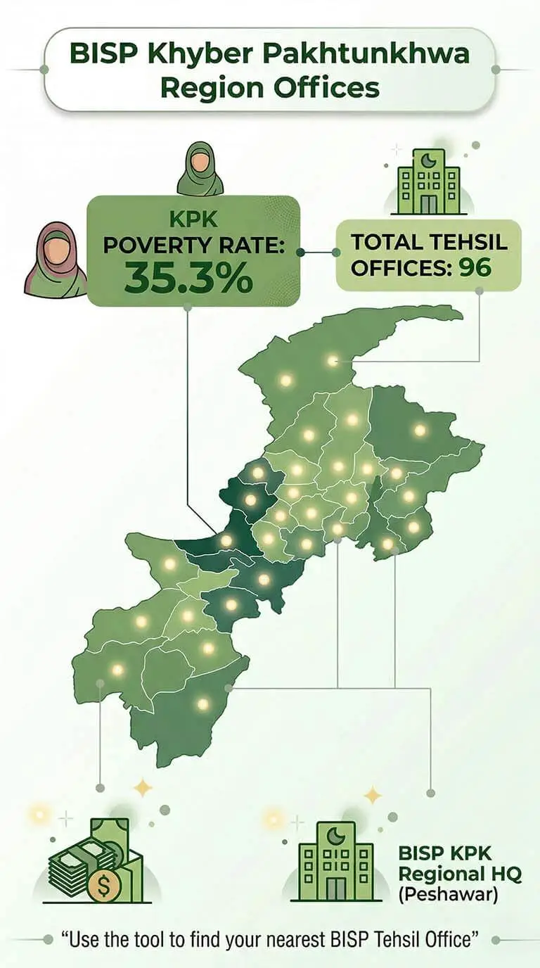 Nearest BISP Tehsil offices of Khyber Pakhtunkhwa by district with poverty rate and tehsil center distribution overview