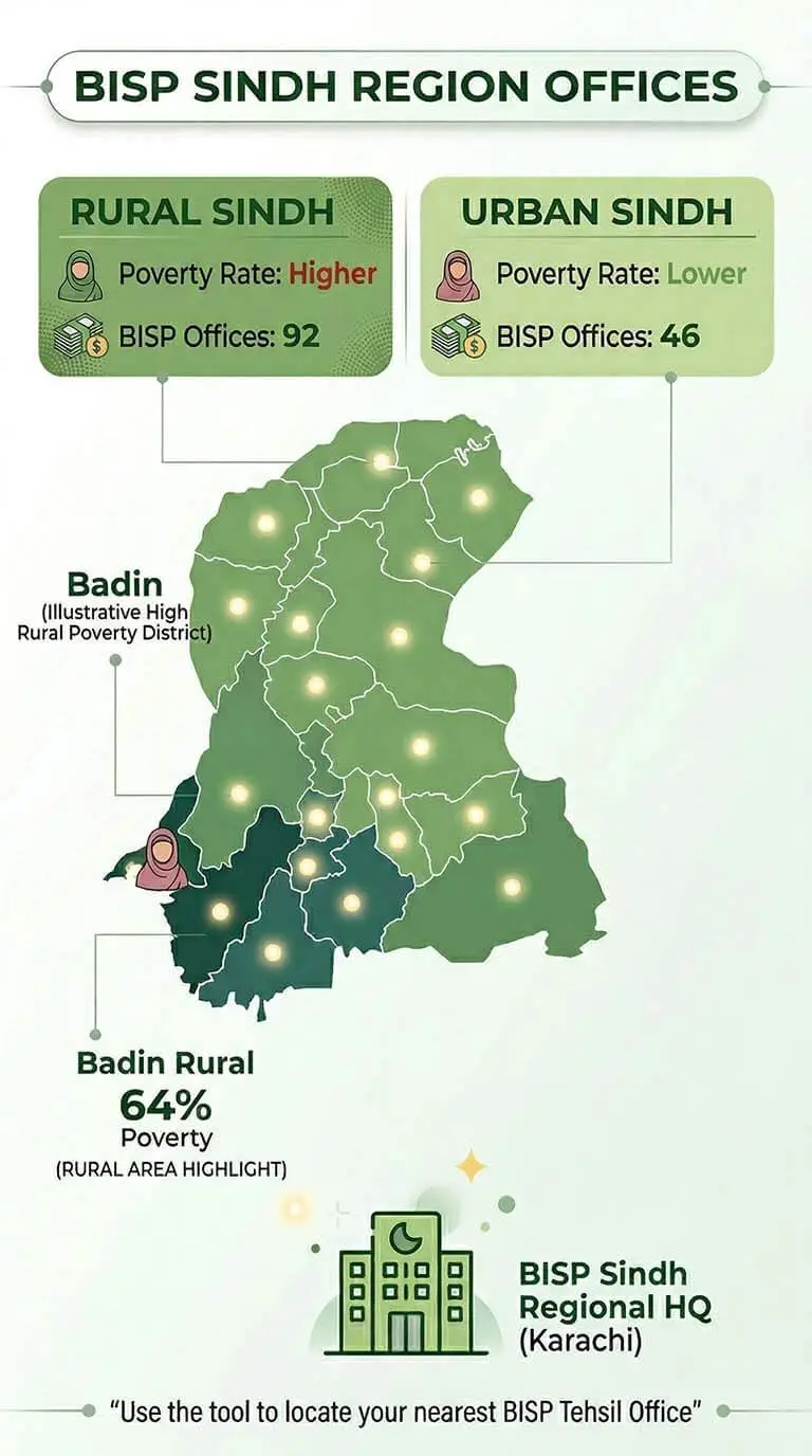 Nearest BISP Tehsil offices of Sindh by district with poverty rate and rural poverty statistics overview