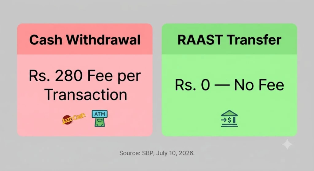 Comparison card showing Rs. 280 fee on cash withdrawals versus zero fee on RAAST transfers from the BISP digital wallet